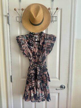 Ulla Johnson Honoria Mini Dress Womens 4 Pink Black Blue Cotton Poplin V-Neck